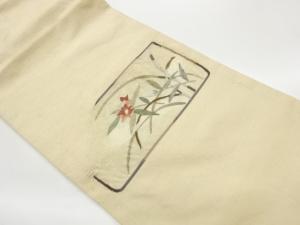 手織り紬短冊に草花模様織出し開き名古屋帯（額縁仕立て）